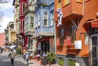 Cafe and shops in the colourful Balat district, Istanbul, Turkey