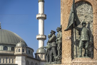 The Cumhuriyet Aniti Republic Monument and the Taksim Mosque on Taksim Square Taksim Meydani in