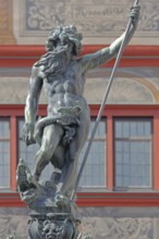 Sculpture Neptune Roman god of the sea with trident, detail, Neptune Fountain, Am Markt, Tübingen,