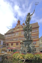 Neptune Fountain with sculpture of Neptune Roman god of the sea with trident, Renaissance Town