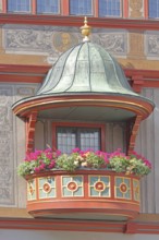 Pulpit with pulpit lid, ornamentation, oriel, detail, Renaissance, Town Hall, Am Markt, Tübingen,