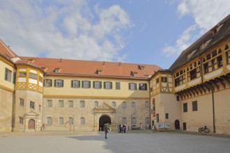 Inner courtyard of Hohentübingen Palace, half-timbered house with arcade, Museum Tübingen, Neckar