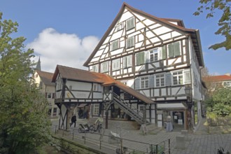 Historic nunnery built in 1488 with staircase, half-timbered house, Tübingen, Neckar Valley,