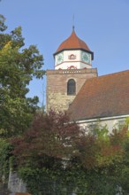 Roman tower built in 1746 and building, landmark, clocks, town tower, Haigerloch, Swabian Alb,