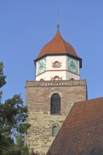 Historic Roman tower built in 1746, landmark, clocks, town tower, Haigerloch, Swabian Alb,