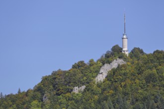 Lookout tower at the castle rock, rock cliffs, rocks, landscape, rock formations, mountain, forest,
