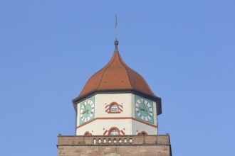 Historic Roman tower built in 1746, clocks, spire, detail, cut-out, town tower, landmark,