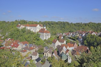 Castle and baroque castle church St. Trinitatis and townscape, mountain, valley, landscape,