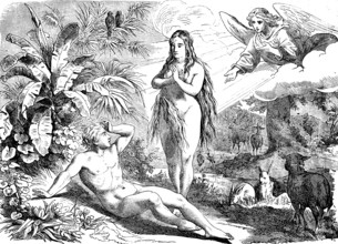 First book of Genesis, chapter 3, Adam and Eve naked in paradise, angels in heaven, animal world,