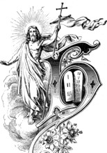 Jesus Christ with cross and halo, Moses tablets of the ten commandments, waving flag, floral