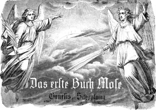 First Book of Moses, Genesis, creation story, two angels with sword and palm branch hovering over