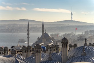 View over the roofs of the Süleymaniye Mosque to the New Mosque Yeni Cami and the Bosporus,
