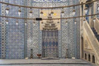 Blue Iznik tiles in the interior of the Rüstem Pasha Mosque in Eminönü, Istanbul, Turkey
