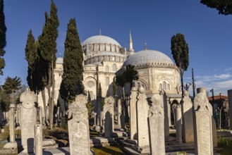 Cemetery with Ottoman gravestones in front of the Suleymaniye Mosque in Istanbul, Turkey
