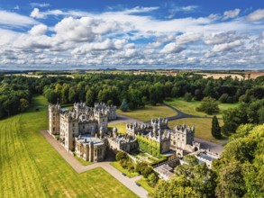 Gardens of Floors Castle from a drone, Duke of Roxburghe, Roxburghshire, Scotland, UK
