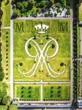 Top Down view over Gardens of Floors Castle from a drone, Duke of Roxburghe, Roxburghshire,