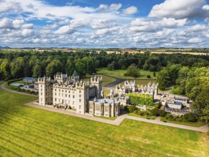 Floors Castle and garden from a drone, Duke of Roxburghe, Roxburghshire, Scotland, UK