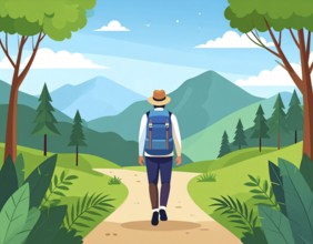 Traveling and hiking in mountain landscape, abstract vector illustration, AI generated image