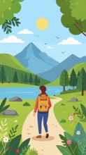 Traveling and hiking in mountain landscape, abstract vector illustration, AI generated image