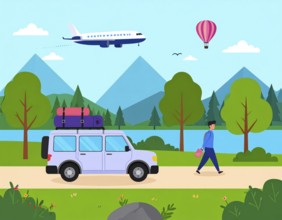 Traveling and hiking in mountain landscape, abstract vector illustration, AI generated image