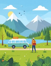 Traveling and hiking in mountain landscape, abstract vector illustration, AI generated image