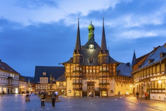 The town hall and market square in Wernigerode at dusk, Saxony-Anhalt, Germany