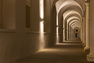 Pillars and archway in the stable courtyard, artificial light, Residenzschloss, Neustadt, Dresden,