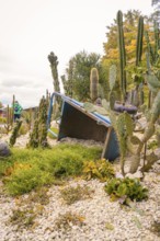 Cacti and succulents around an overturned wheelbarrow in a rocky garden, Mainau Island, Lake
