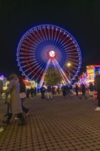 Colourful Ferris wheel lights up the night, surrounded by visitors in a festive atmosphere,