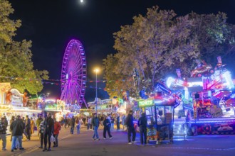 Lively night shot with illuminated Ferris wheel and colourful festival stands, Cannstatter Wasen