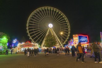 Large Ferris wheel lights up the night while people visit the stalls, Cannstatter Wasen folk