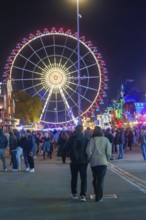 Night shot of a Ferris wheel at the funfair with many visitors, Cannstatter Wasen funfair,