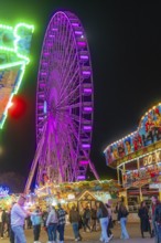 Ferris wheel shining through the night and colourful stalls attract visitors, Cannstatter Wasen