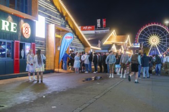 Crowd in front of illuminated festival tents and a large Ferris wheel at night, Cannstatter Wasen