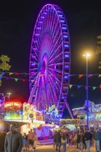 A large, colourfully illuminated Ferris wheel dominates the night-time scenery of a lively