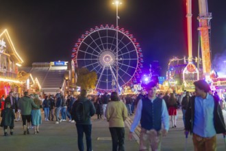 Night market with a brightly lit Ferris wheel and many visitors, Cannstatter Wasen fair, Stuttgart,