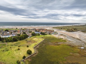 Alnmouth and River Aln Estuary from drone, Alnwick, Northumberland, England, United Kingdom