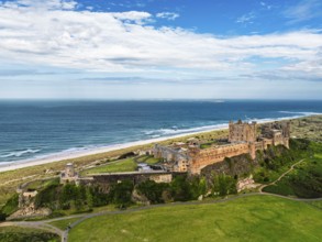 Bamburgh Castle from a drone, Northumberland, Northeast Coast, England, United Kingdom