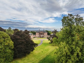 Paxton House over River Tweed from a drone, Paxton, Berwick-upon-Tweed, Berwickshire, Scotland, UK