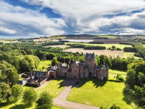 Ayton Castle from a drone, Ayton, Eyemouth, Scottish Borders, Scotland, UK