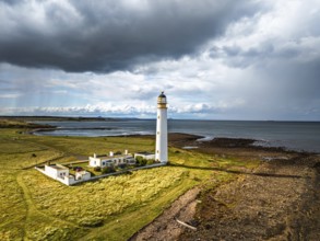 Rain Clouds over Barns Ness Lighthouse from a drone, Dunbar, East Lothian, Scotland, UK