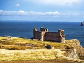 Ruins of Tantallon Castle from a drone, North Berwick, East Lothian, Scotland, UK