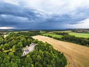 Hutton Castle from a drone, Whiteadder Water, Chirnside, Scottish Borders, UK