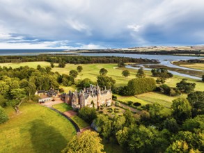 Tyninghame House over River Tyne from a drone, East Lothian, Scotland, UK