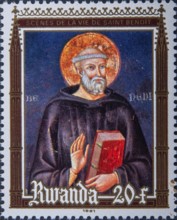 Benedict of Nursia (480-543), monk and founder of the Benedictine Order. Portrait on Rwandan
