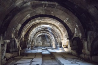 Interior view of an ancient stone vaulted structure with heavy shadow, Orbelian's Caravanserai,
