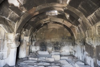 Stone vault with ancient architecture and dark atmosphere, Orbelian's Caravanserai, Selim