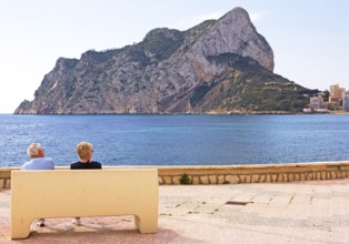 Beach promenade, palm trees, Playa La Fossa-Levante, Mediterranean Sea, bay, skyline, Calpe, Costa