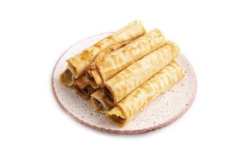 Waffles with caramel isolated on white background, side view, close up