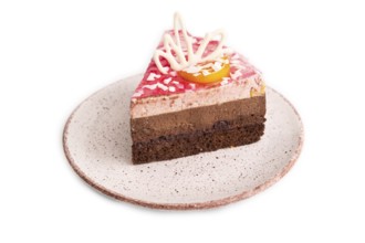 Chocolate cake isolated on white background, side view, close up